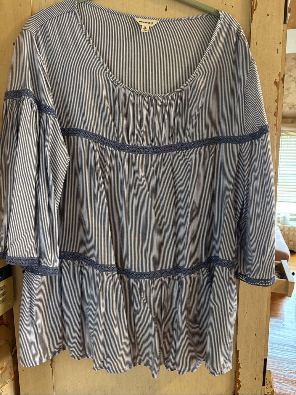 Max Studio Blue & White Striped Peasant Tunic with Navy Crochet